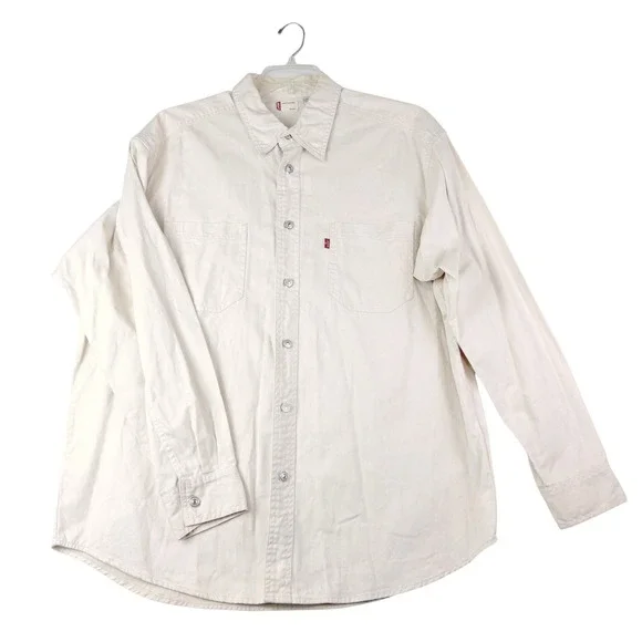 Levi's L Cream Long Sleeve Button Up Shirt Cotton Twill Canvas Workwear Casual