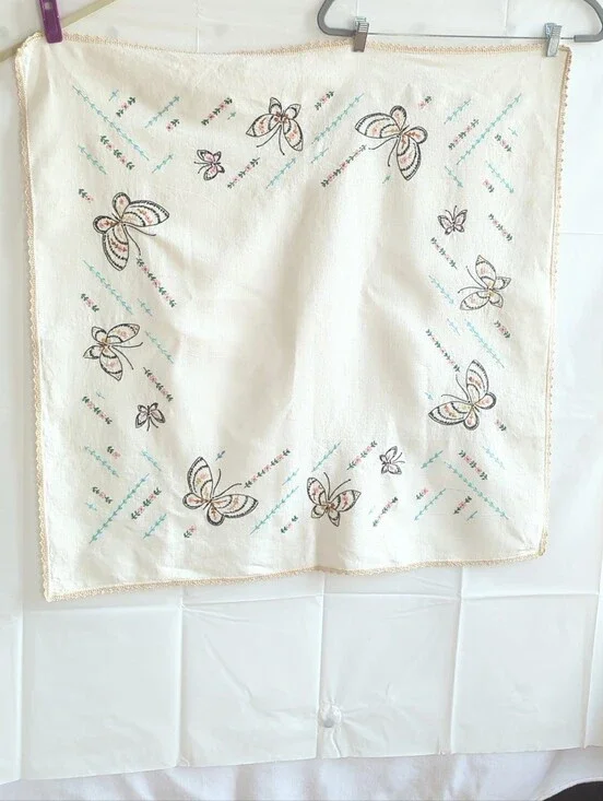Vintage Handmade Table Covered w Embroidered Butterflies & Flowers 33