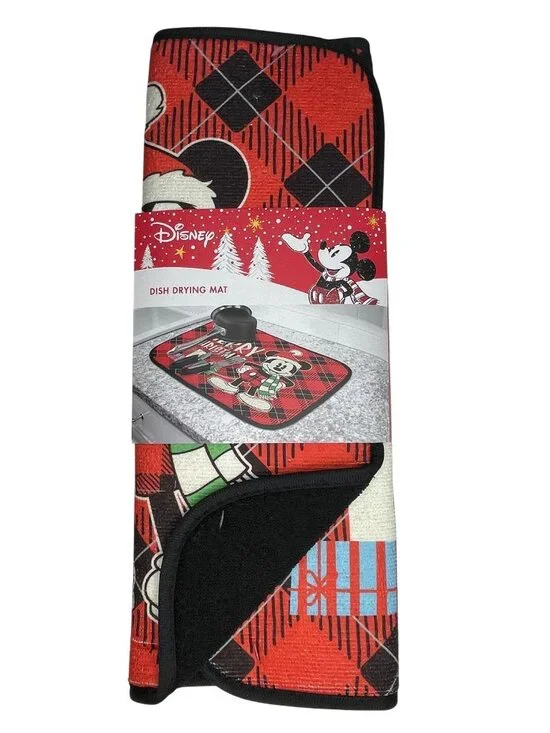 Disney Mickey Mouse Holiday Dish Drying Mat Red/Black Argyle Polyester 16