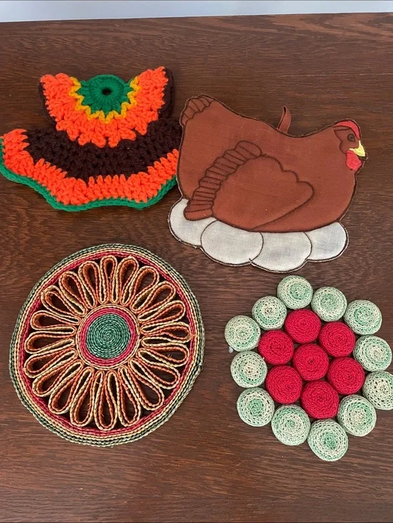Handmade Crochet & Fabric Trivet Set in Red, Green, Brown and Cream