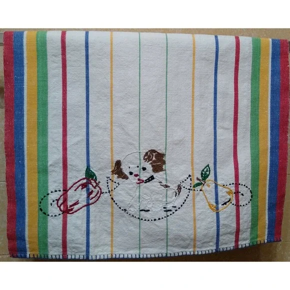 Vtg Embroidered Tea Towel Striped Blue Red Green Puppy 24 x 15.75