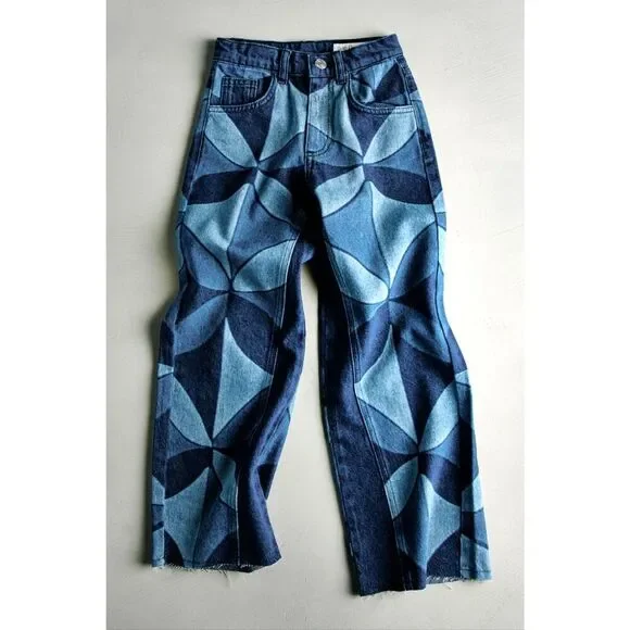 NWT Zara Kids x Sea New York Geometric Print Wide Leg Kids Patchwork Denim Jeans