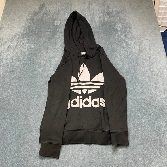 Adidas Trefoil Hoodie Mens M Black Graphic Logo Drawstring Ribbed Hem Pullover