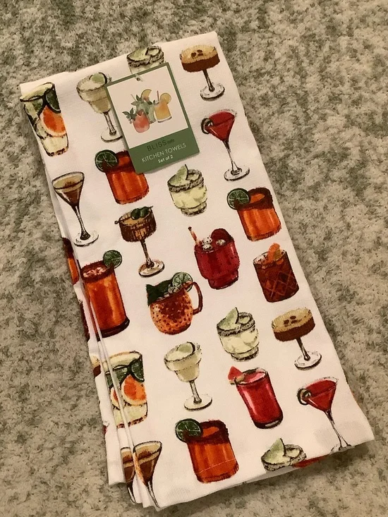 Cocktails Mocktails & Tropical Drinks Kitchen Towels Set of 2 NWT Cotton Bliss