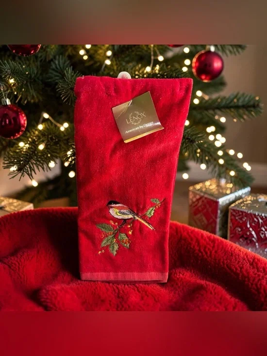 Lenox Winter Song Christmas Hand Towel Red Holiday Bird Chickadee Embroidered