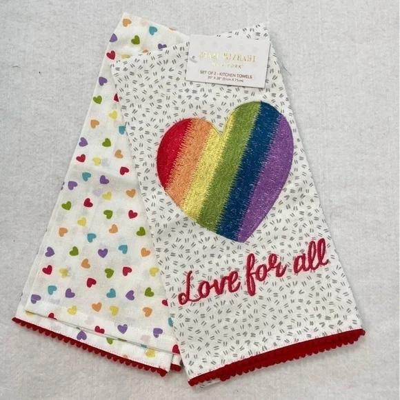 ISAAC MIZRAHI Embroidered Kitchen Tea Towels SET of 2 Rainbow LOVE hearts NEW