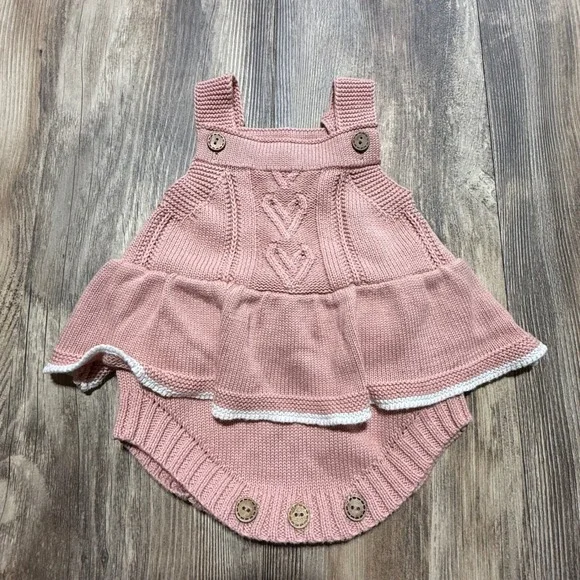 Cottagecore Unbranded Knit Romper Dress Pink Heart Cable Ruffle Coquette 3-6M