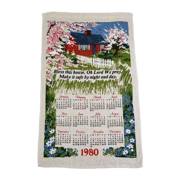 Vintage Linen Calendar Kitchen Towel Bless This House Cottage Floral Trees 1980
