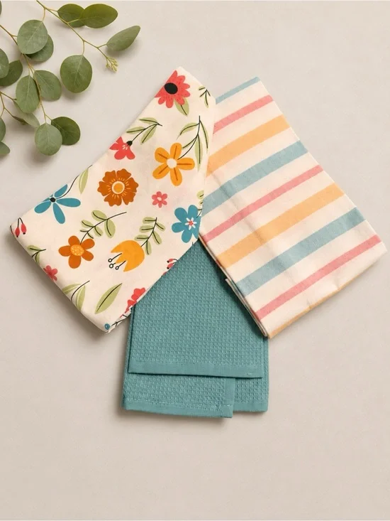 Colorful Floral & Stripe Kitchen Towel Set of 3