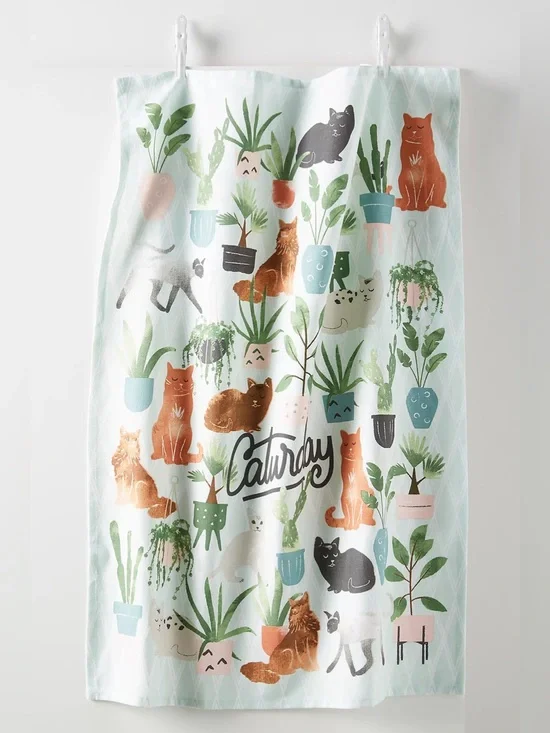 Anthropologie Caturday Cat Lovers Plants Graphic Cotton Tea Hand Towel NWOT