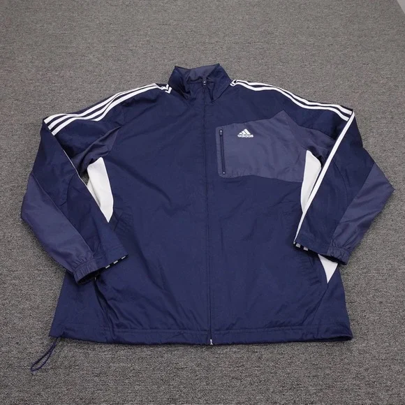 Adidas Jacket‎ Mens Large Blue Hooded Full Zip Windbreaker 3 Stripe X29694