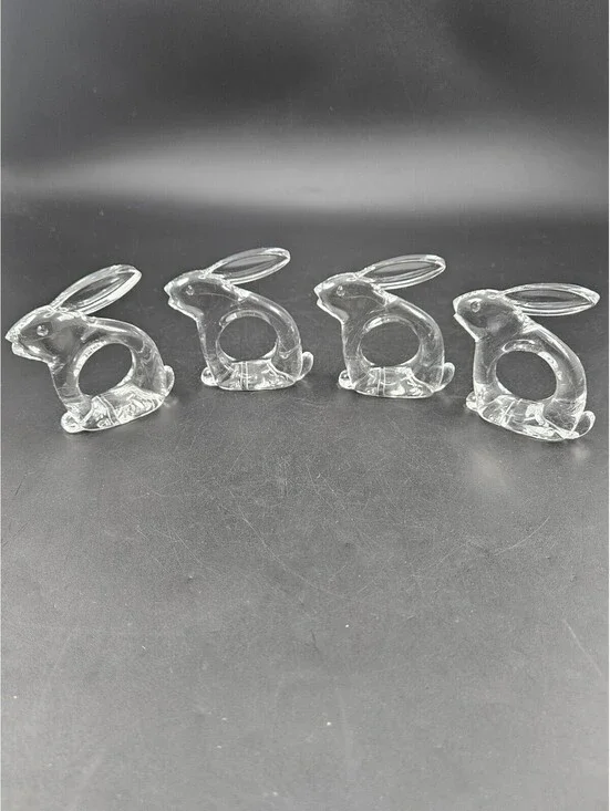 4 Bijan 1980 Clear Lucite Bunny Rabbit Napkin Rings MCM Woodland Table Decor