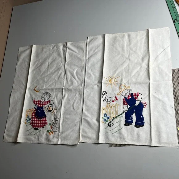 Vintage 1950s Hand Embroidered Tea Towels‎ Set 2 Farm Grandmother Grandfather