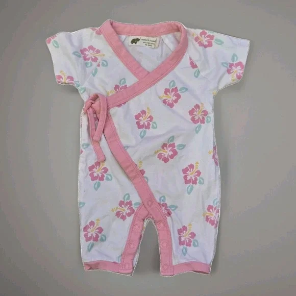 Monica & Andy Baby Girl Floral Kimono Romper – Pink Hibiscus Print with Side Tie