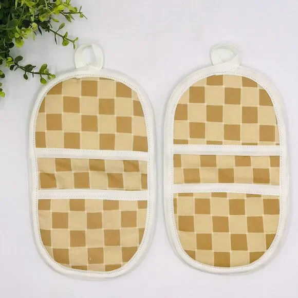 Set of 2 Finger Hotpad Potholders, Neutral Checker Print Tan, 2 Piece Set