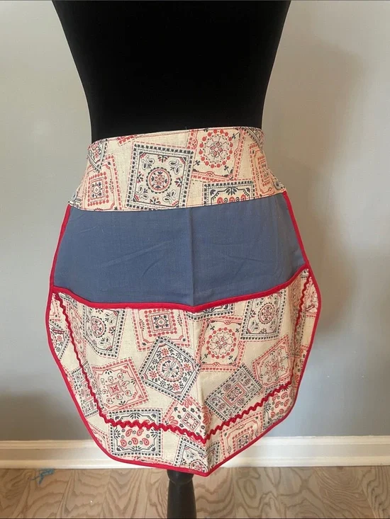 Vintage-Inspired Red, Navy & Cream Half Apron 70’s like new