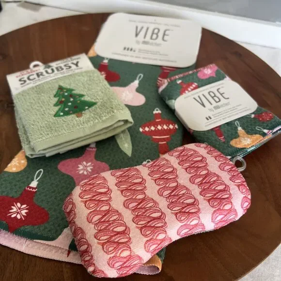 Vibe By MUkitchen 4 Pc Tea Towel Cloths Scrub New Recycled Material Xmas Holiday