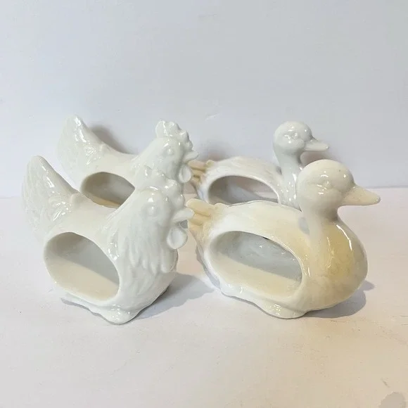 4 Vintage Shafford Porcelain‎ Napkin Ring Holders Duck Chicken Cottage Country