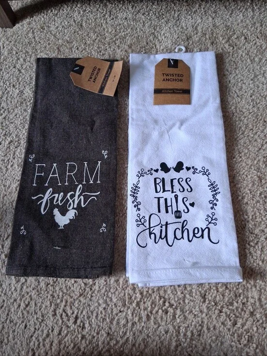 2 Twisted Anchor Kitchen Towels, Farm Fresh, Bledd This Kitchen, 100% Cotton