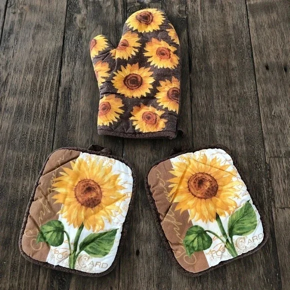 Vintage 3‎ Piece Set Brown Sunflower Potholder Oven Mitt Kitchen Decor Quilted