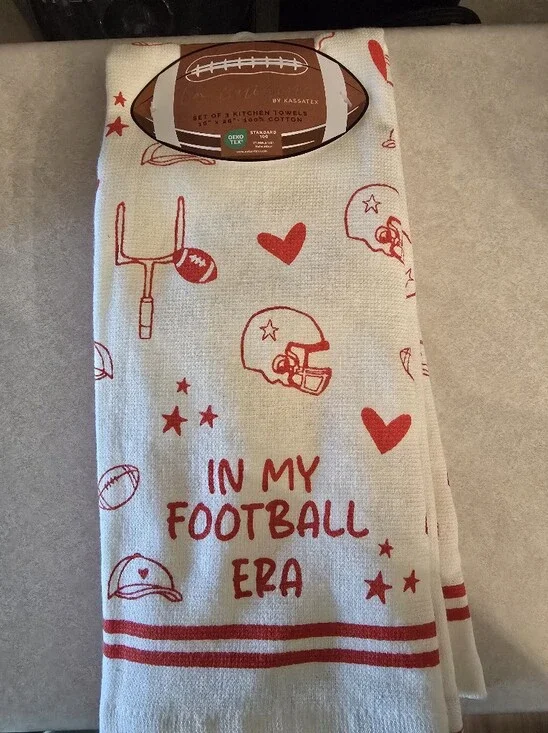 Kassatex White Kitchen Towel with Red Football Motif