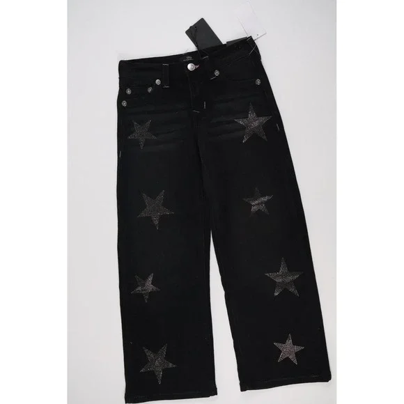 True Religion Leila Wide Leg Jeans Antique Black Star Rhinestone 7 NWT $79