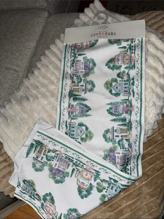 Lenox Spice VillageWhite & Green Scenic Village Table Runner with Pastel Accents