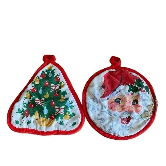 Vintage Kitschy Christmas Pot Holders Santa Christmas Tree Red Green