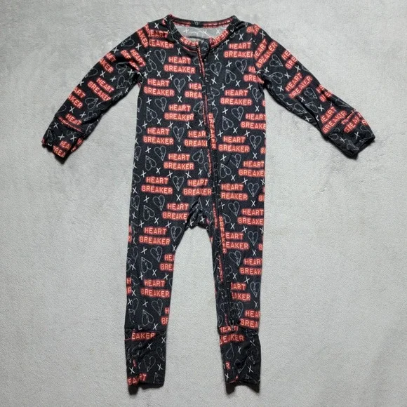 Rad Little Rebels Bamboo 12-18M Heart Breaker Zip Romper‎ Sleeper Black Red