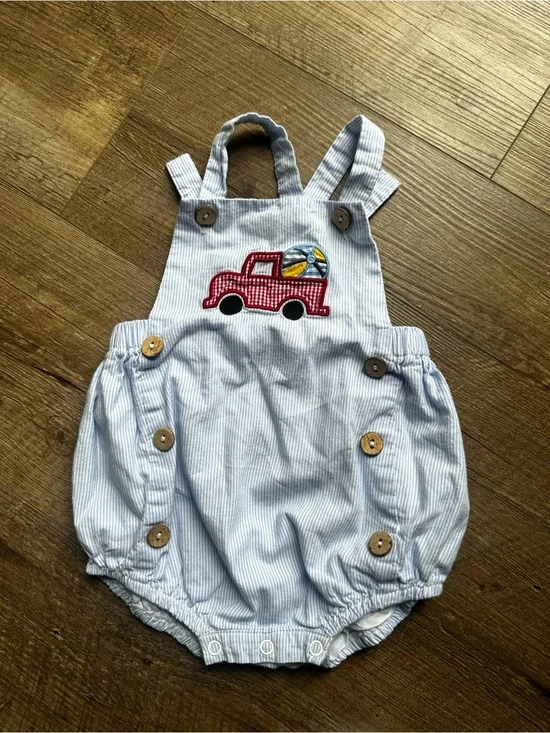Cactus Light Blue Pinstripe Romper with Red Truck Applique
