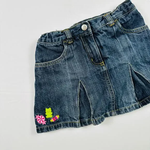 Y2K 2009 Gymboree Gummy Bear/Sweets/Candy Embroidered Denim Pleated Skort Sz 5