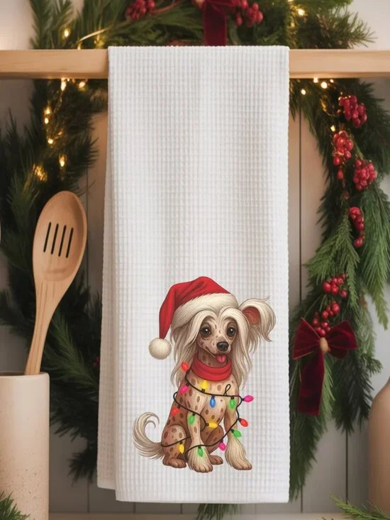 Chinese Crested Christmas Lights Decorative Kitchen Tea Towel