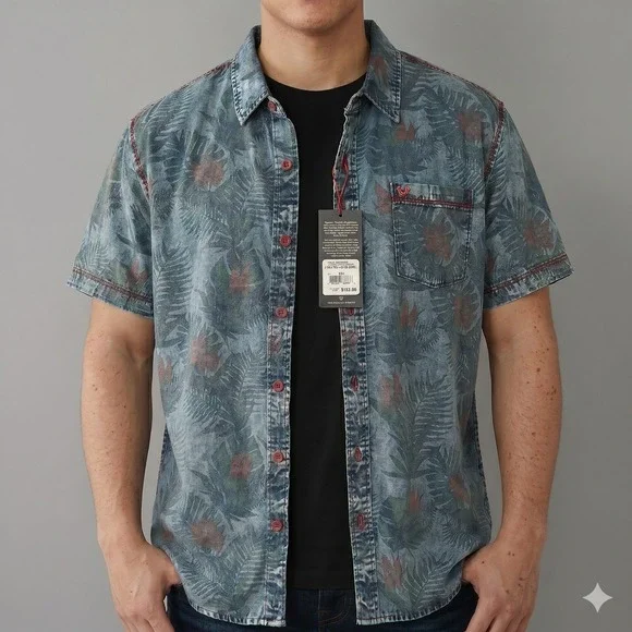 True Religion MSJAF6BC1 Printed‎ Floral Shirt Men XXL Blue NWT