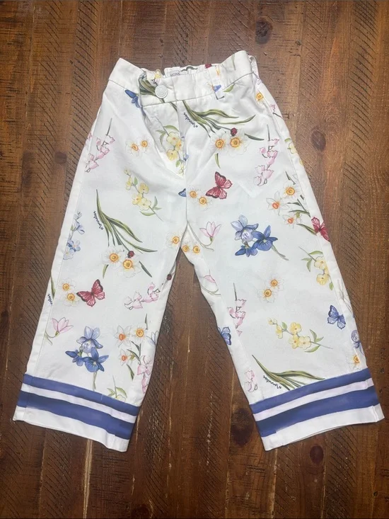 Monnalisa Made in Italy White Floral Girls Cutoff Wide Leg Pants Culottes Size 6