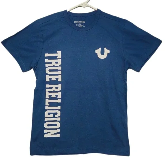 True Religion Graphic T-Shirt Mens Large Blue Logo Short Sleeve Buddha Horseshoe