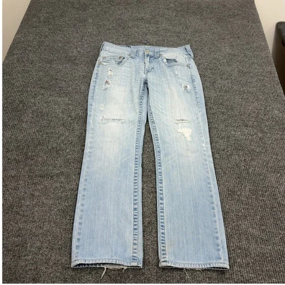 True Religion Jeans Mens 31 Light Wash Cotton Distressed Straight‎ Leg Y2K Style