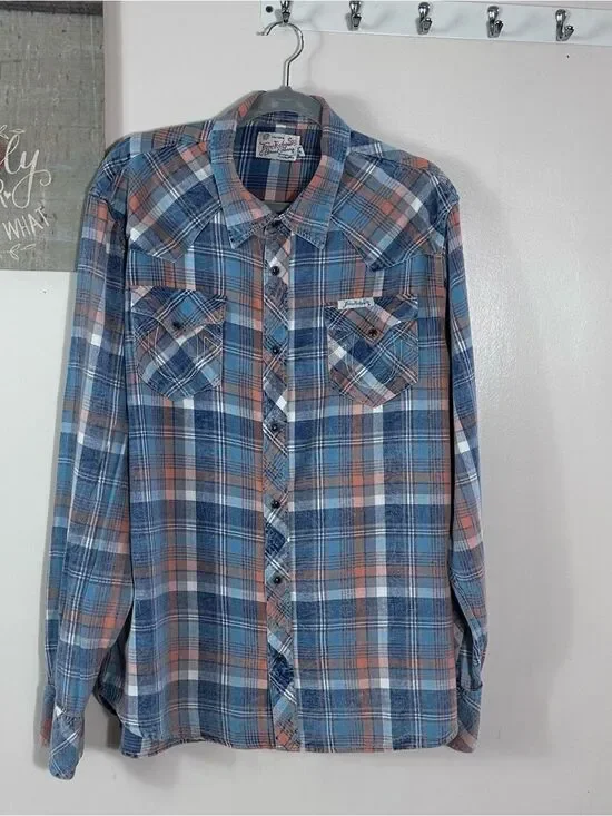 True Religion Blue and Peach Plaid Button-Down Shirt