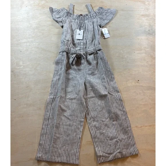 7 For All Mankind Beige and White Striped Linen-Blend Jumpsuit