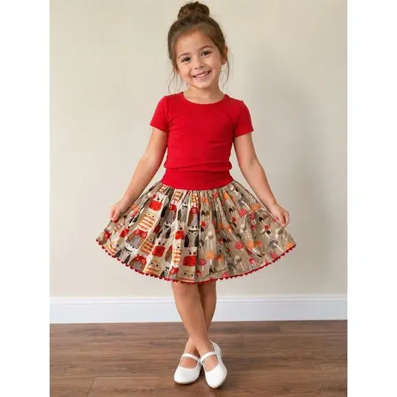 Whimsical Woodland Owl & Mushroom Print Red Skirt