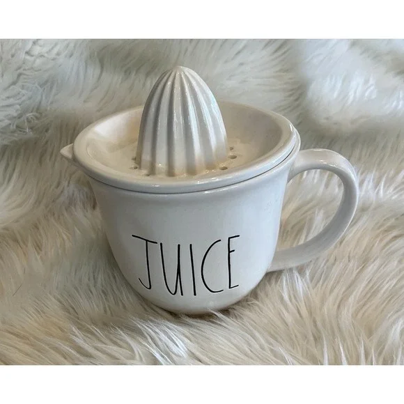Rae Dunn JUICE Ceramic Citrus Juicer Artisan Collection by Magenta White 2 Piece