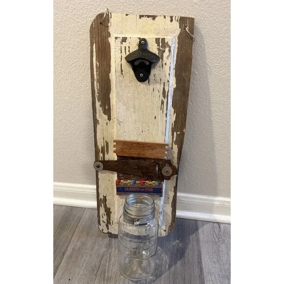 VTG Rustic Wall Mounted Wooden Bottle Opener with GLASS JAR Catcher