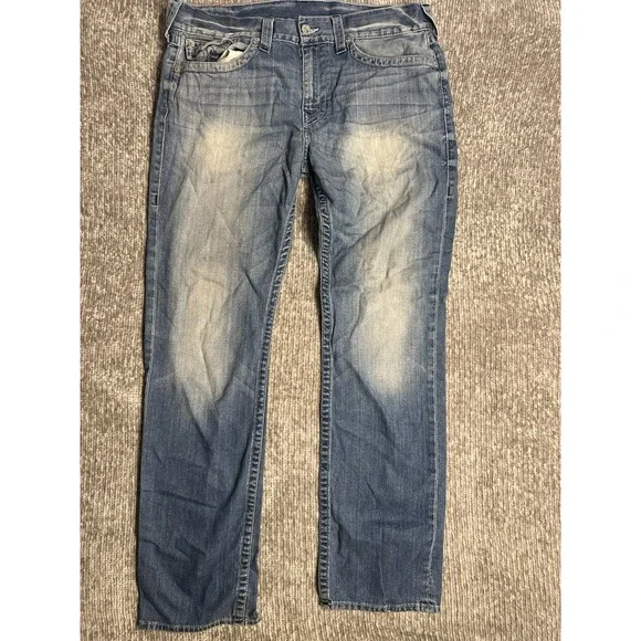 True Religion Jeans Ricky Relaxed Straight Flap Pocket Distressed RARE 36x34