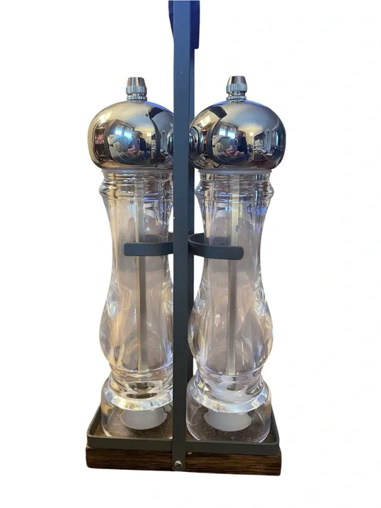Urban Gourmet salt and pepper tall acrylic grinders metal frame stand silver top