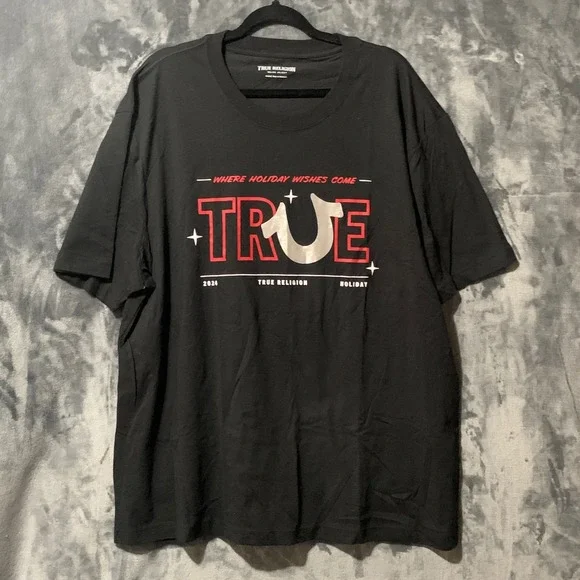 True Religion T-Shirt Mens 3XL 2024 Holiday Wishes Black Graphic EUC