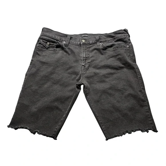 True Religion Ricky Denim Shorts Mens 38 Black Cut Off Raw Hem Flap Pocket Jeans