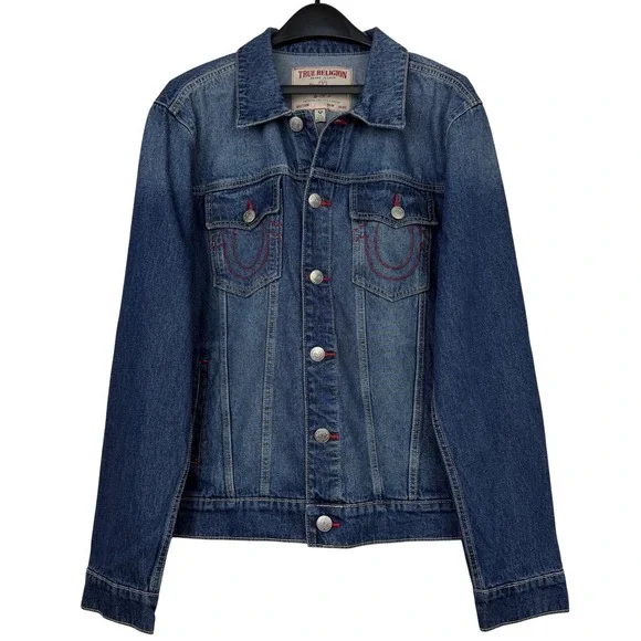 NEW True Religion Jesse SN Trucker Jacket Mens L Dark Fir Balsam Blue Denim $164
