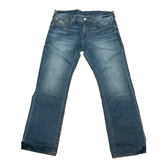 True Religion Ricky Jeans Mens 38x34 Blue Denim Straight Flap Pocket USA Made