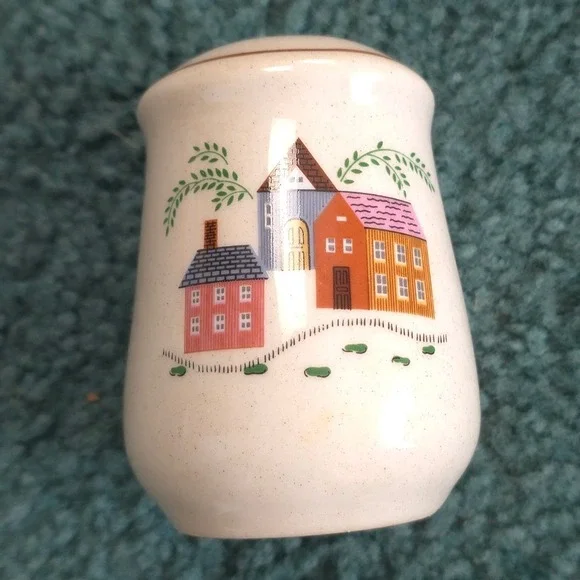 Vintage Newcor Our Country Stoneware Salt Shaker Cream Speckled Ceramic Houses