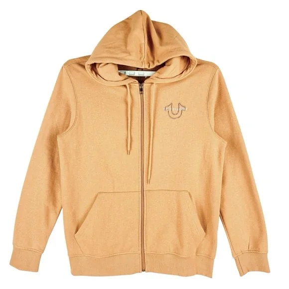 True Religion Mens Logo Back Fleece Zip Hoodie Sweatshirt Sz Medium Oak Buff NWT