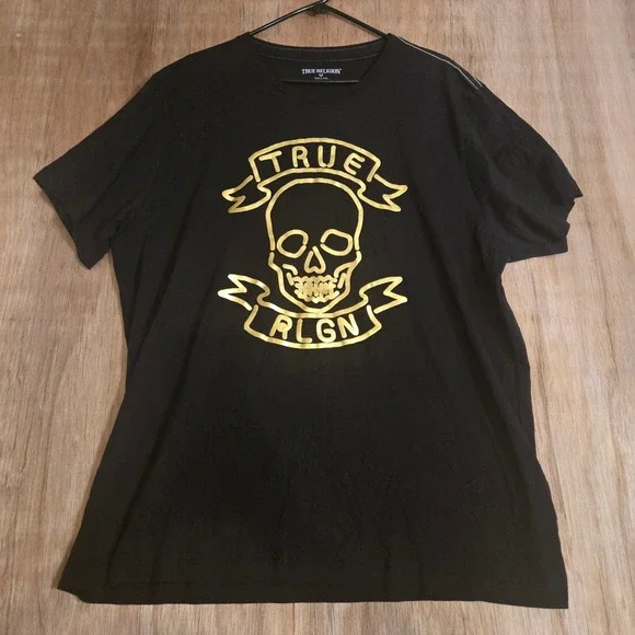 True Religion Mens Neon Skull Graphic Tee Black Gold Metallic 3XL MA451NP34